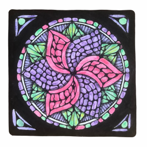 Stained Glass Technique Tile, taught by Zen Linea and drawn by Lisa Crow CZT, displayed on the Lessons page of the Wee Crafty Crow website.