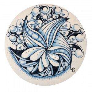A Zendala tile drawn by Lisa Crow CZT, a Certified Zentangle Teacher from Glasgow, and the owner of Wee Crafty Crow. The tile features the tangles Poke Root, Flux and Tripoli