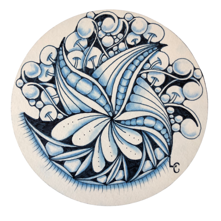 A Zendala tile drawn by Lisa Crow CZT, a Certified Zentangle Teacher from Glasgow, and the owner of Wee Crafty Crow. The tile features the tangles Poke Root, Flux and Tripoli