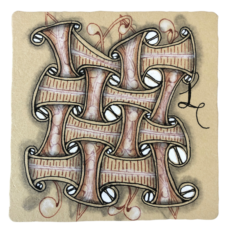 Huggins on Renaissance tile Polygon tile as displayed on the What Is Zentangle? page of the Wee Crafty Crow website.