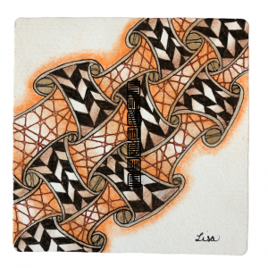 Huggins tangle on classic Zentangle tile. Colurs include orange and black