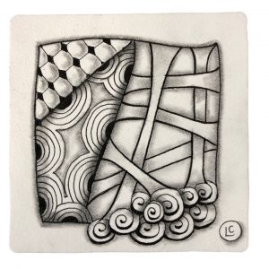 Initial stage of The Zentangle method, featured on the What Is Zentangle page of Wee Crafty Crow. Tangles featured are Florz, Crescent Moon, Hollibaugh and Printemps