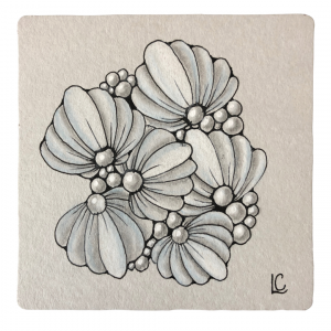 A Zentangle tile drawn by Lisa Crow CZT, a Certified Zentangle Teacher from Glasgow, and the owner of Wee Crafty Crow. Tile features the tangle Bouffant, which was originally created by Joanna Quincey CZT