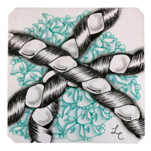 A Zentangle tile drawn by Lisa Crow CZT, a Certified Zentangle Teacher from Glasgow, and the owner of Wee Crafty Crow. The tile features the tangles Coil, Poke Leaf and Tipple and the tile features the colours black and green.