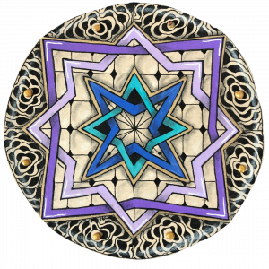 Alhambra Star, Diva Dance Rock n Roll. gold, purple, lilac, blue, teal, black, displayed on the What Is Zentangle? page of the Wee Crafty Crow website.