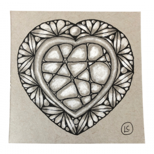 A grey-toned Zentangle tile drawn by Lisa Crow CZT, a Certified Zentangle Teacher from Glasgow, and the owner of Wee Crafty Crow. The tile features a heart shape which is divided by Tripoli triangles. In the centre of the heart, there is an N'Zeppel tangle.