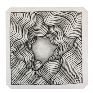 line dance Polygon tile as displayed on the What Is Zentangle? page of the Wee Crafty Crow website.