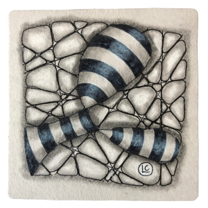 A Zentangle tile drawn by Lisa Crow CZT, a Certified Zentangle Teacher from Glasgow, and the owner of Wee Crafty Crow. Tile features the tangles Striping and N'Zeppel