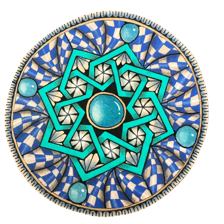 Alhambra star on Zendala tile. Teal and royal blue colours. Tangles include Pepper, Knightsbridge and Doo-dah. There are five Zen gems on the Zendala. Displayed on the What Is Zentangle? page of the Wee Crafty Crow website.