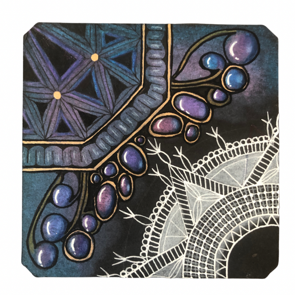 Zentangle tile drawn by Lisa Crow CZT, a Certified Zentangle Teacher and the owner of Wee Crafty Crow. The tile was drawn following a lesson from Zen Linea's Glow on Black tutorial