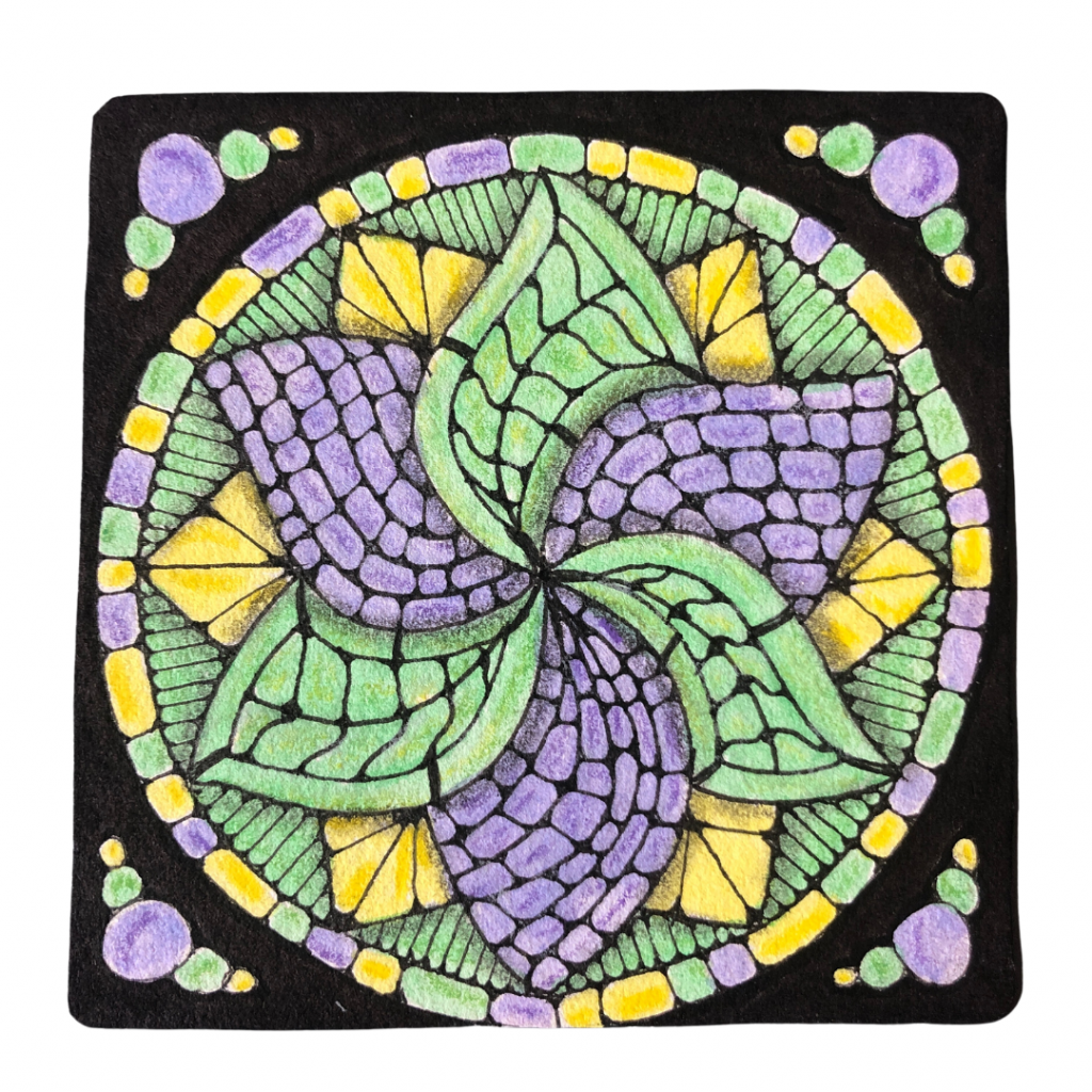 Zentangle tile drawn by Lisa Crow CZT, a Certified Zentangle Teacher based in Glasgow and the owner of Wee Crafty Crow. The tile features was drawn following the Stained Glass lesson by Zen Linea
